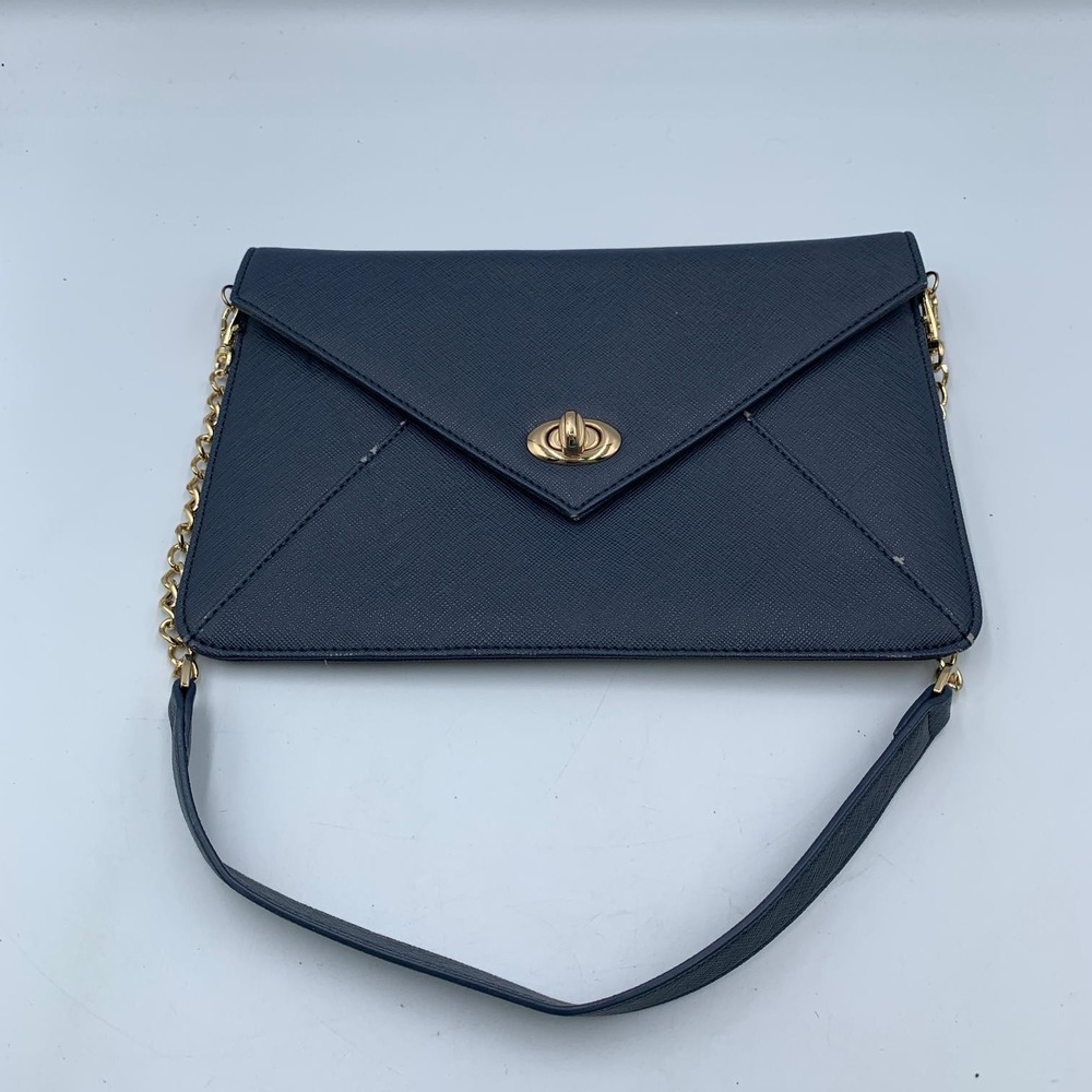Sorial NY Clutch Bag Navy Gold-Tone Turnlock Chain Shoulder Strap Envelope Purse